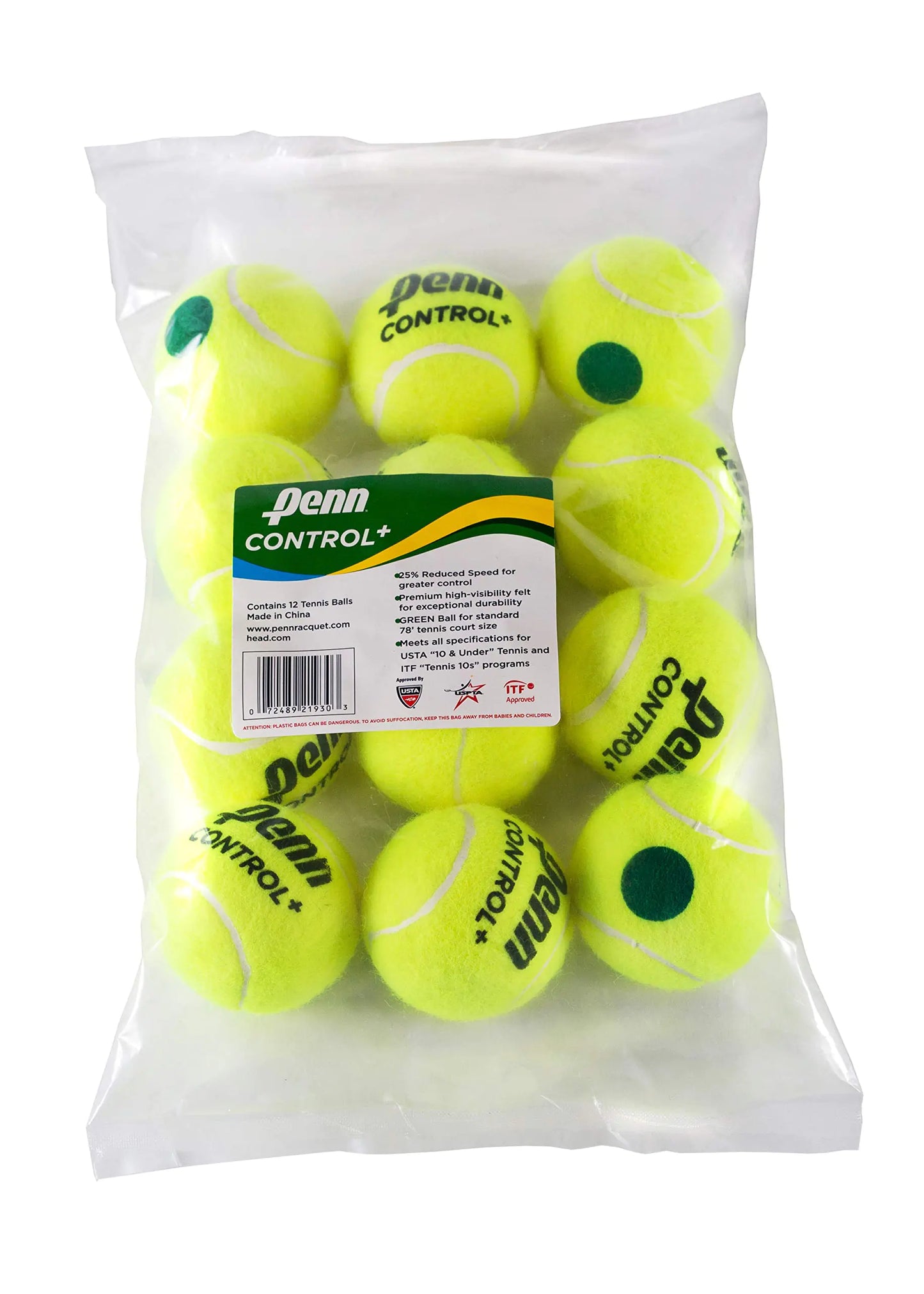 PENN Control Plus Tennis Balls - Youth Felt Green Dot Tennis Balls for Beginners - 12 Ball Polybag