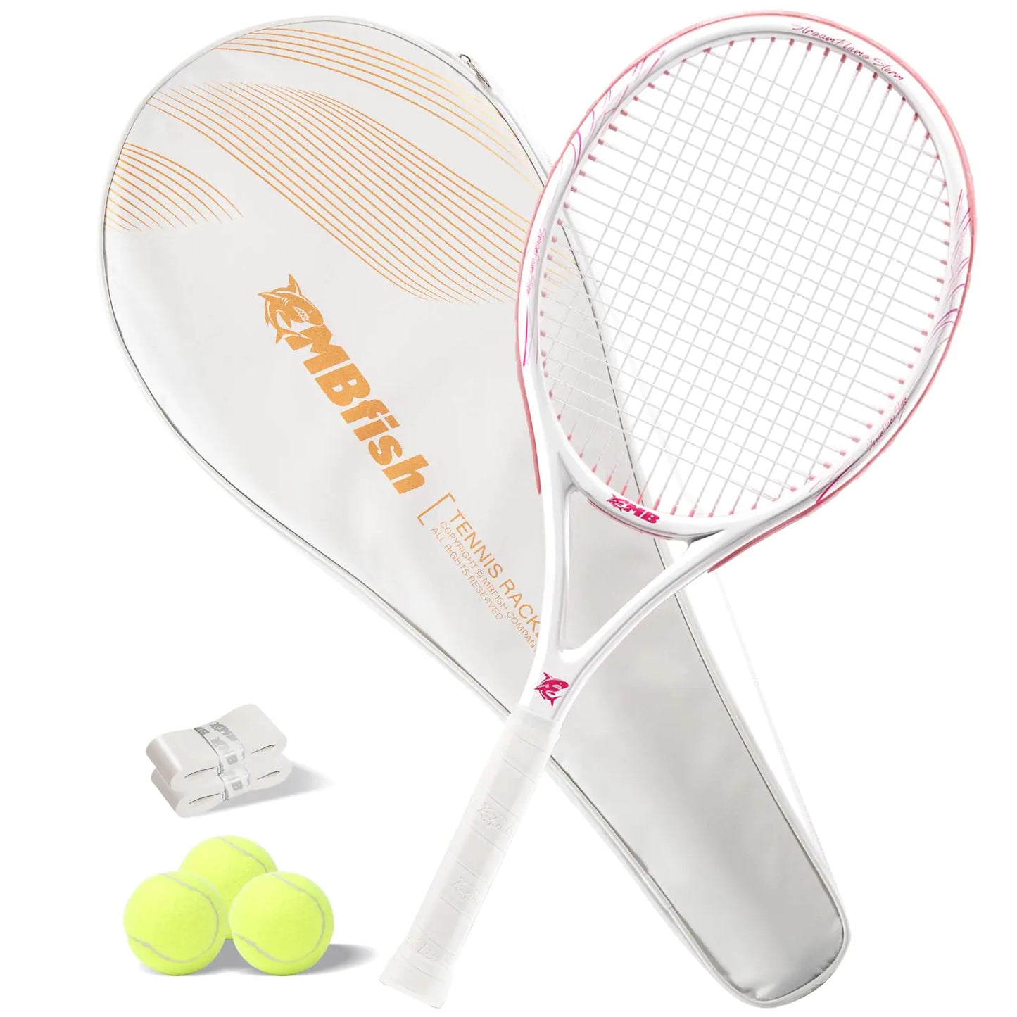 MBFISH Tennis Racket - Super Value Set with Pre-Strung Comfortable Handle 27 Tennis Racquet for Adults Includes 3 Tennis Balls 2 Overgrips and 1 Tennis Bag Pink