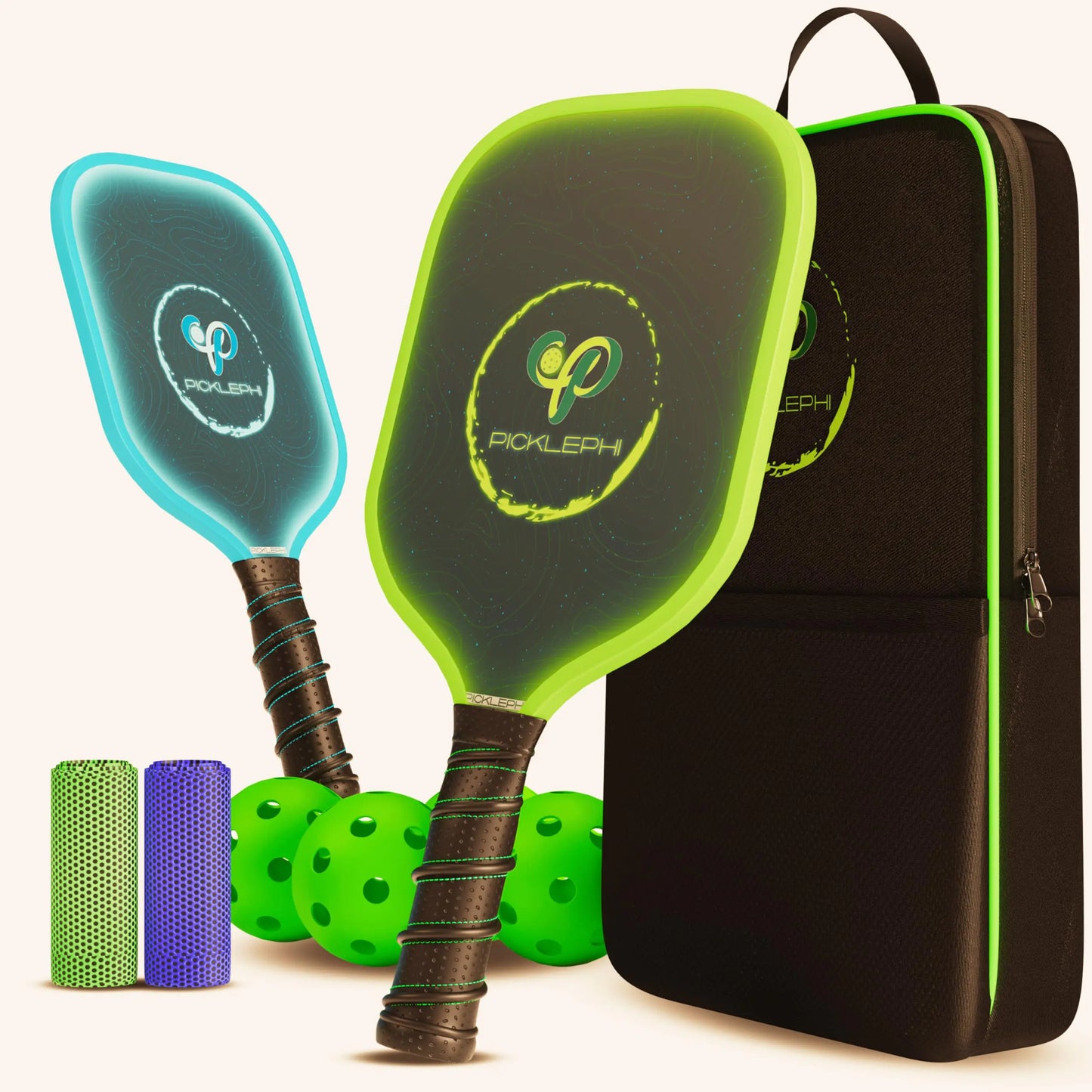 Picklephi Pickleball Paddles Set of 2 | Glow in The Dark Pickleball Paddle and Balls | Pickle Ball Rackets 2 Pack | USAPA Fiberglass Pickleball Sets | Cute Pickleball Paddles Gifts for Women Men
