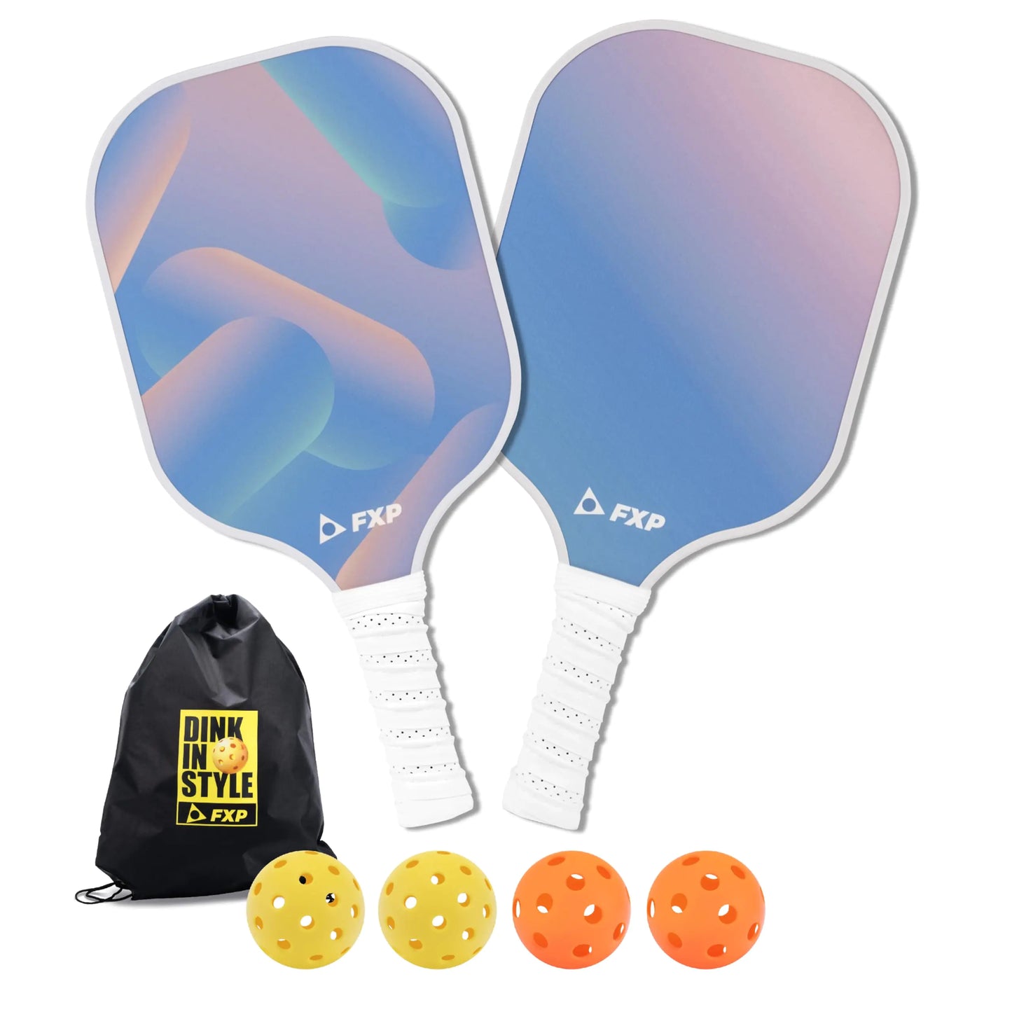FXP Pickleball Paddles Set of 2 Paddles with 4 Balls and 1 Bag Lightweight Fiberglass Pickleball Rackets/Equipment Set for Women and Men USAPA Standard Size