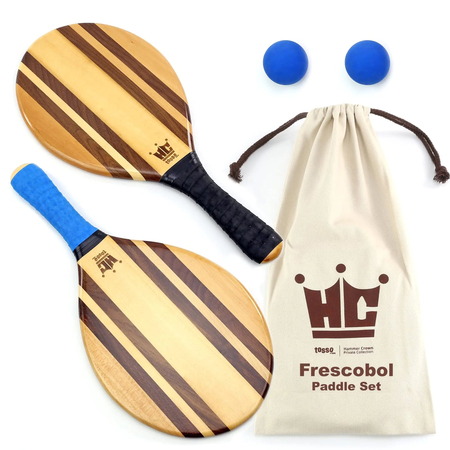 Frescobol Paddle Ball Set (Beach Stripes) - Comes with 2 Paddles 2 Balls & Canvas Drawstring Bag
