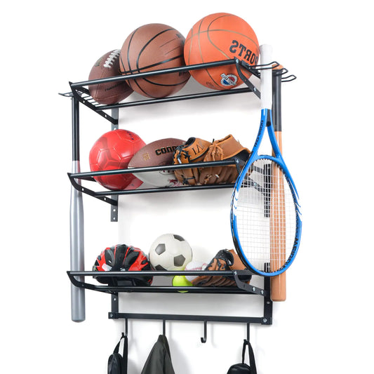 XCSOURCE Garage Sports Equipment Storage Rack with 3 Separate Shelf Ball Rack Sport Equipment Organizer with 4 Hooks for Badminton Racket Basketball Rack for Basketball Football Rugby