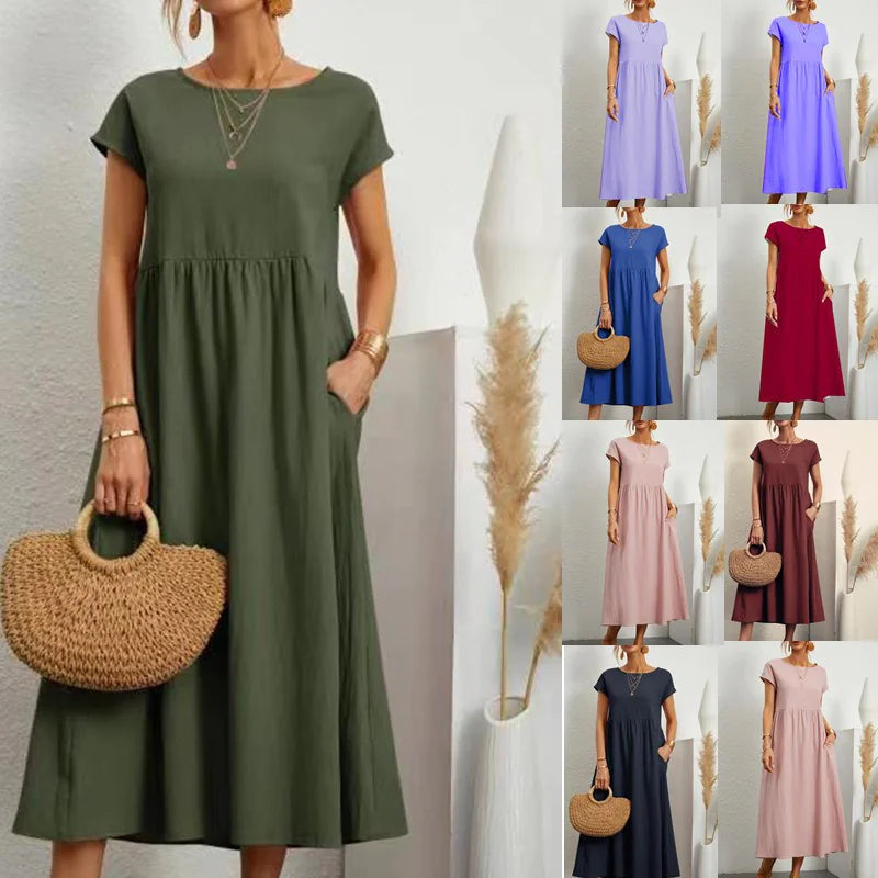 European & American Style Sleeveless Cotton Linen Pocket Dress