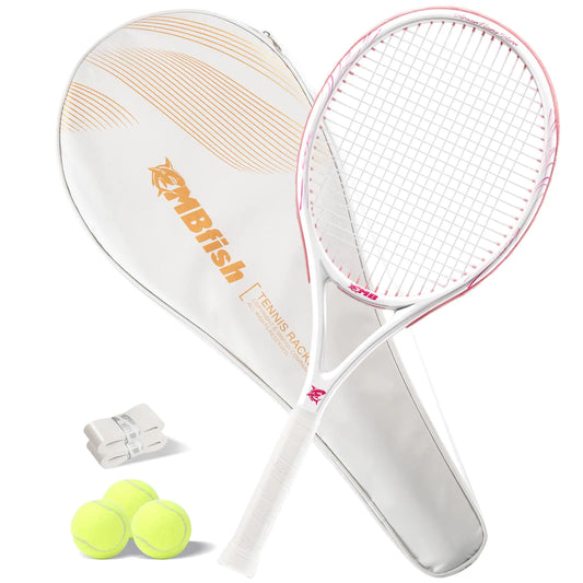 MBFISH Tennis Racket - Super Value Set with Pre-Strung Comfortable Handle 27 Tennis Racquet for Adults Includes 3 Tennis Balls 2 Overgrips and 1 Tennis Bag Pink